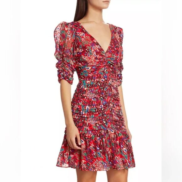Tanya Taylor Dress Red Multi Pansy Animal Print Silk‎ Flounce - Picture 1 of 16